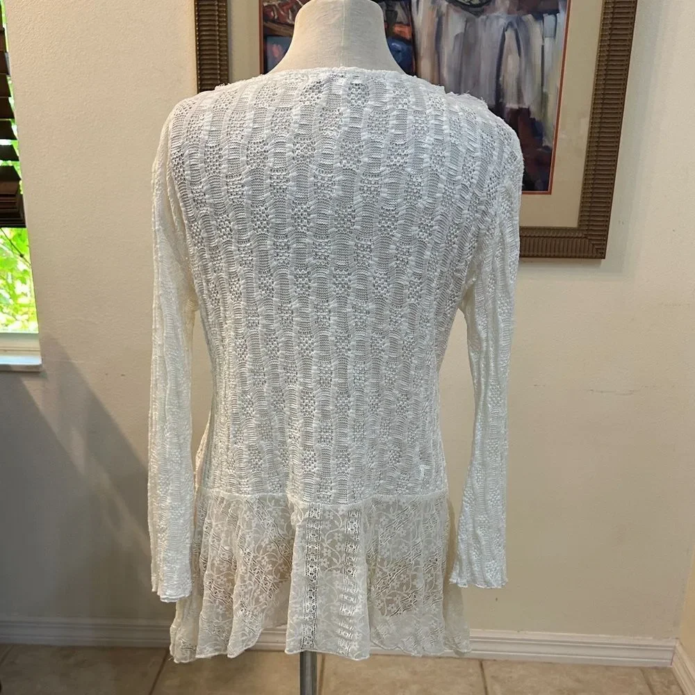 Zba (zee-bo)Elegant White Lace Women Top with Floral Fringe Accents Size Large - Picture 10 of 12